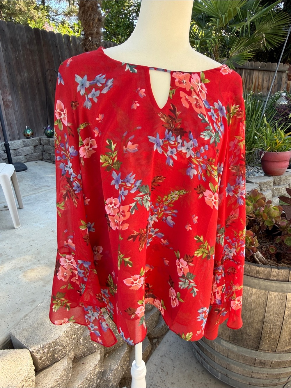 CAbi Red Floral Keyhole-Front Blouse